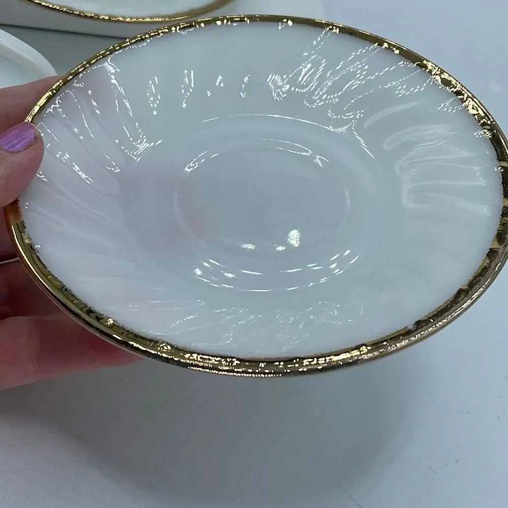 Set of 2 Fire King milk glass swirl pattern cup & saucers.